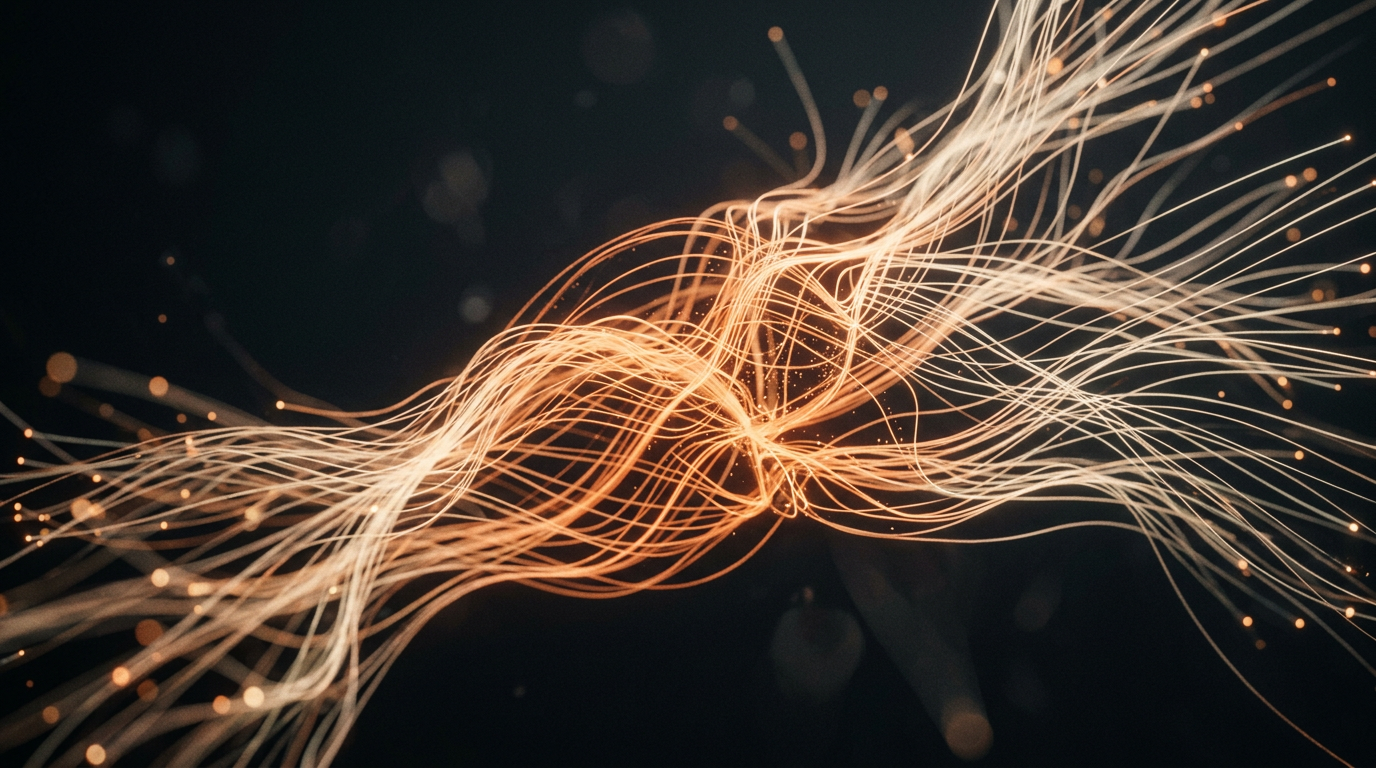 Luminous threads of light forming an abstract neural lattice