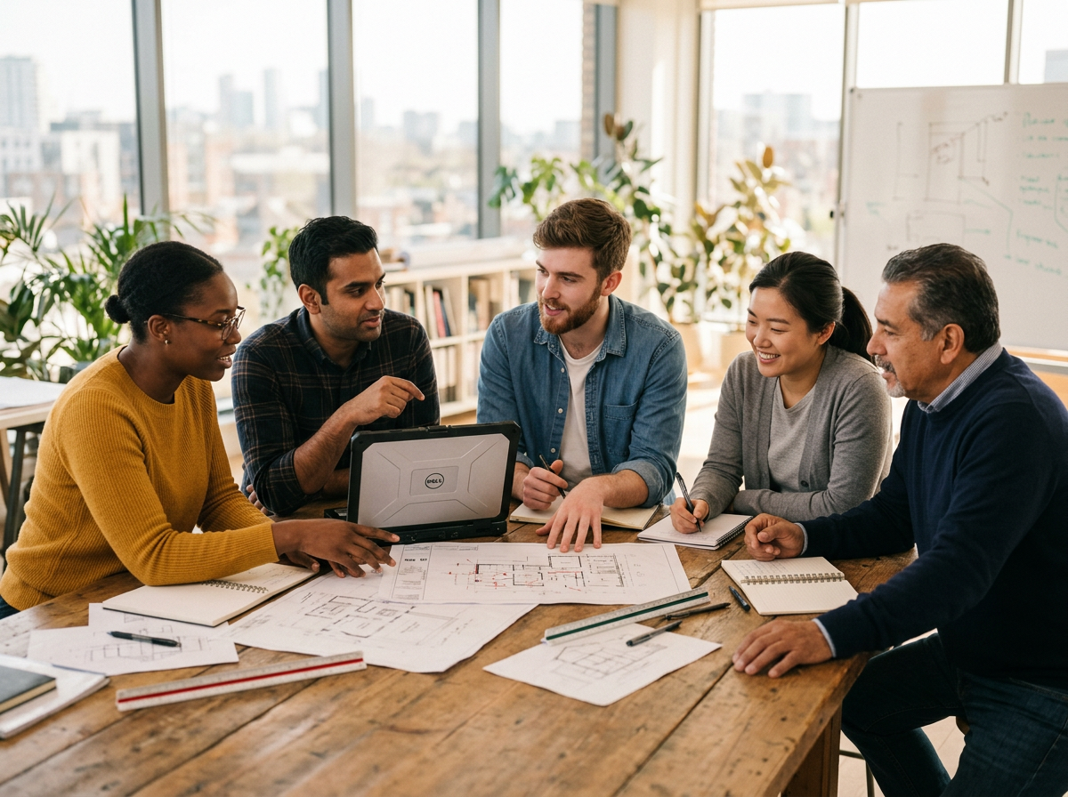 The Sophie Technologies team collaborating around a table in a bright studio